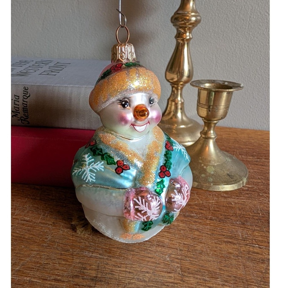 Vintage European Blown Glass Snowman Christmas Ornament Pastel Holly Glitter